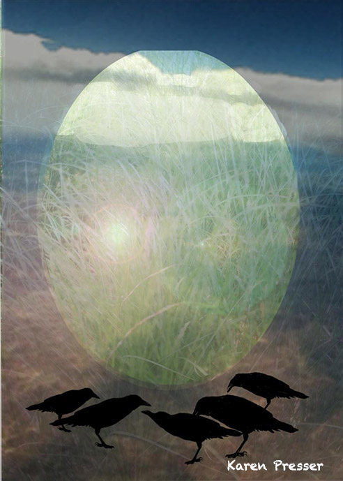 egg shaped orb five crows grass blue sky background