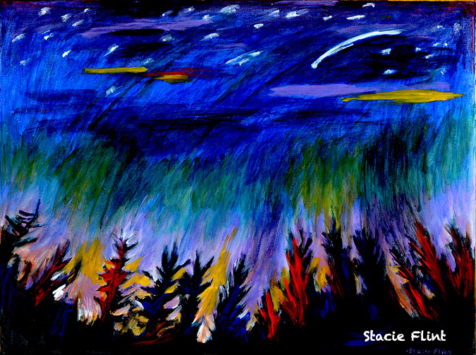 deep blue sky stars green forest black red and gold trees